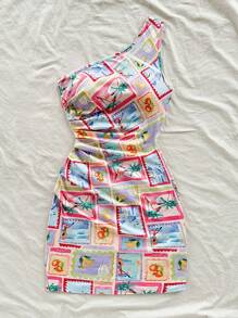 Soleia 女士彩色花卉拼布单肩褶皱迷你连衣裙，假日风格