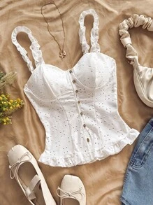 Soleia 女士节日白色针织镂空纹理开衫，配有纽扣、荷叶边肩带和下摆