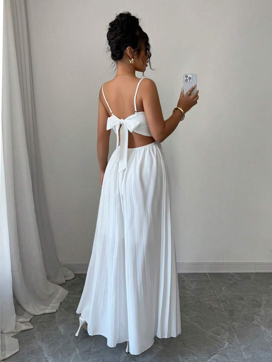 Selianne 全新时尚女式蝴蝶结褶皱 A 字型收腰修身吊带连衣裙