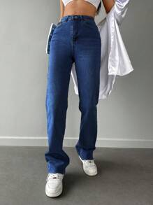 EURMUSE Solid Raw Hem Straight Leg Jeans - Medium Wash - View 4