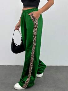 RueChic Leopard Trim Belly Detailed Long Wide Leg Black Pants - Green - View 5