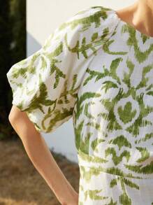 Aveloria Modichic Elegant Vacationing Style Round Neck White Base Green Bamboo Node Cable Floral Print Flared Long Dress With Waist Design For Women