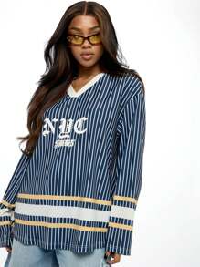 SUMWON WOMEN Camiseta de jersey de estilo callejero de corte relajado con cuello en V, diseño de rayas tipo varsity y manga larga, estilo deportivo de Nueva York para otoño e invierno