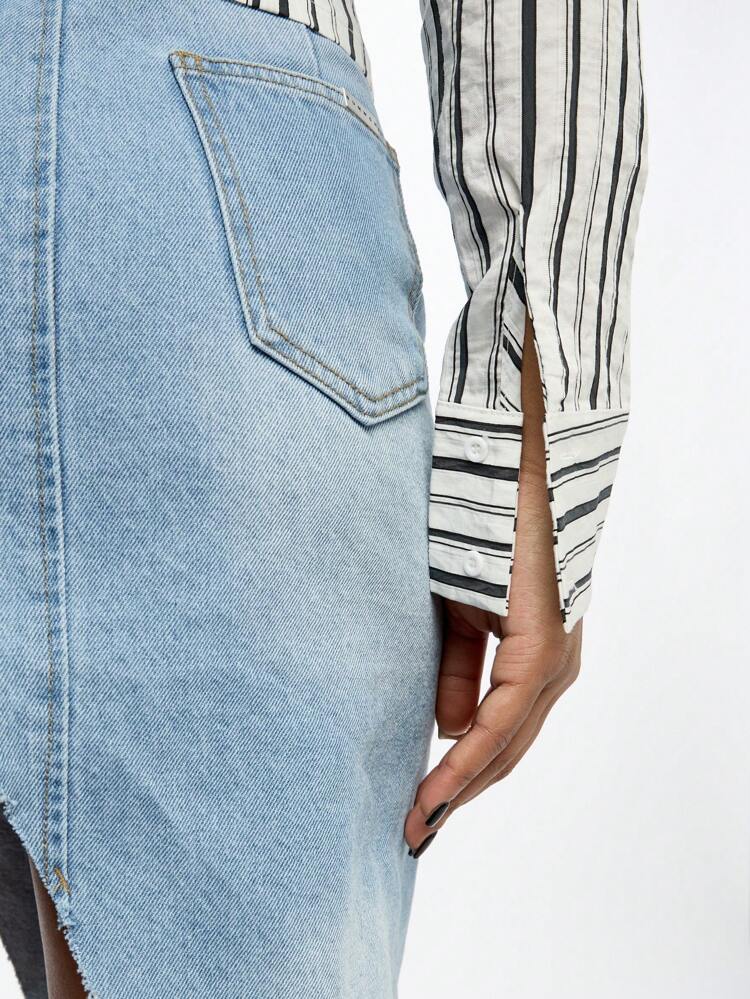 SUMWON WOMEN Blusa ajustada de manga larga con cuello y cremallera a rayas