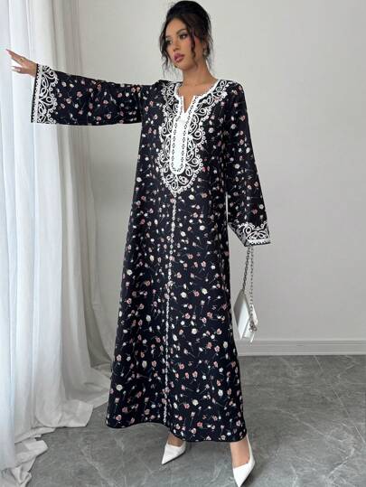 Yasmyna Women's Woven Print Loose Long Sleeve Arabian Dress,Modest