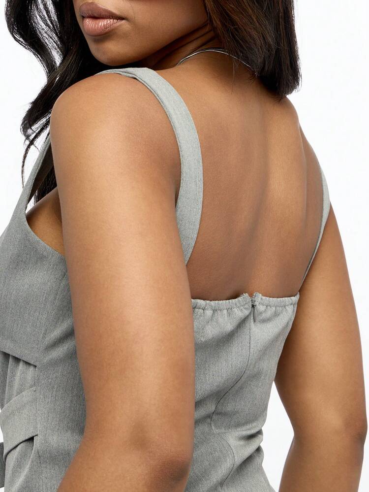 SUMWON Buckle Detail Pleated Mini Dress Designer Style High Fashion Square Neck Sleeveless Party Club Evening Urban Chic Spring Summer
