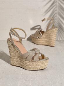 SHUZIA 女士简约踝带编织坡跟鞋，厚底高跟 - 米色 - 查看 2