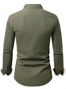 Manfinity Mode Men's Patchwork Front Button Long Sleeve Pocket Simple Casual Shirt Business, Fall - Army Green - View 2