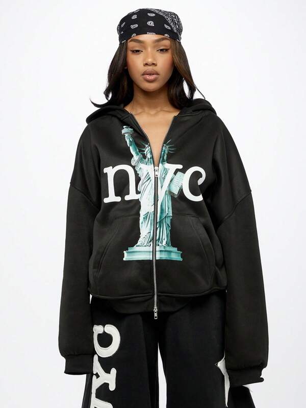 SUMWON WOMEN Hanorac cu fermoar complet și grafică cu statuia libertății din New York, urban, streetwear, premium, cu fermoar, din amestec de bumbac, hanorac cu glugă, călătorii, modă, casual, îmbrăcăminte de exterior