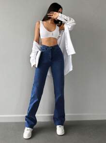 EURMUSE Solid Raw Hem Straight Leg Jeans - Medium Wash - View 3