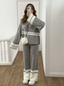 EURMUSE 女士条纹毛衣和毛衣裤两件套毛衣套装 - 灰色 - 查看 5