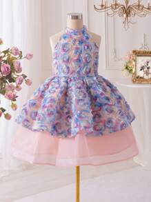 SHEIN Tween Girls' Embroidered Organza Splice Backless Bow Collar Elegant Dress