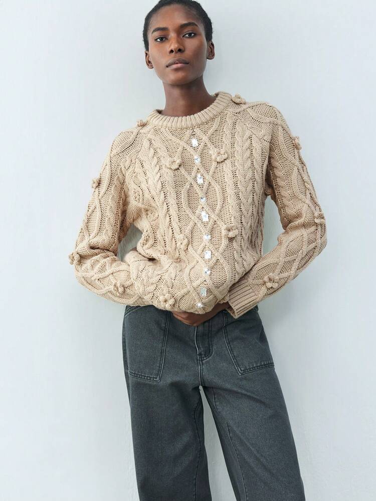 SHEIN Maija Valentine's Day Spring New Camel Color Diamond Elegant Urban Women's Sweater Suitable For Going Out On Vacation, Holiday, Date And Wedding Wear