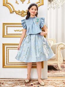 SHEIN Tween 女童优雅荷叶边袖立领 A 字形衬衫，带刺绣 3D 花朵和提花裙 2 件套