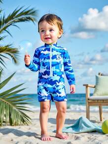 SHEIN Leap Crew 2pcs/Set Newborn Baby Boy Cartoon Shark Print Knitted Soft Stand Collar Long Sleeve Romper And Hat Set - Blue - View 1