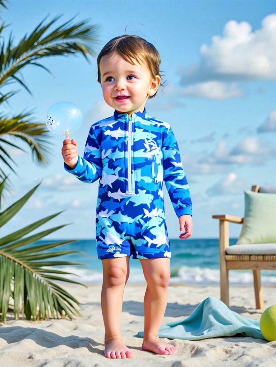 SHEIN Leap Crew 2pcs/Set Newborn Baby Boy Cartoon Shark Print Knitted Soft Stand Collar Long Sleeve Romper And Hat Set - Blue - View 1