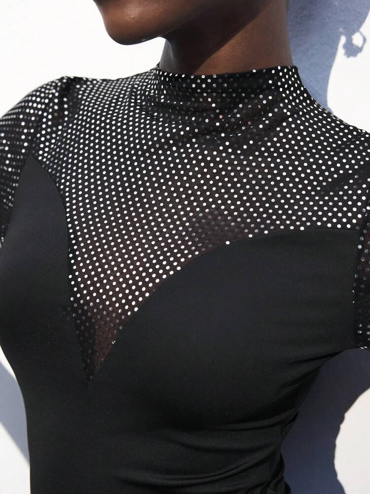 SHEIN Maija New Spring/Summer Sequined Rhinestone Bodysuit, Glamorous Sexy Elegant Urban Casual Bodysuits, Suitable For Valentine's Day, Outings, Gatherings, Weddings As A Guest, Vintage Styling