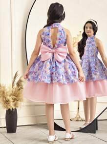 SHEIN Tween Girls' Embroidered Organza Splice Backless Bow Collar Elegant Dress