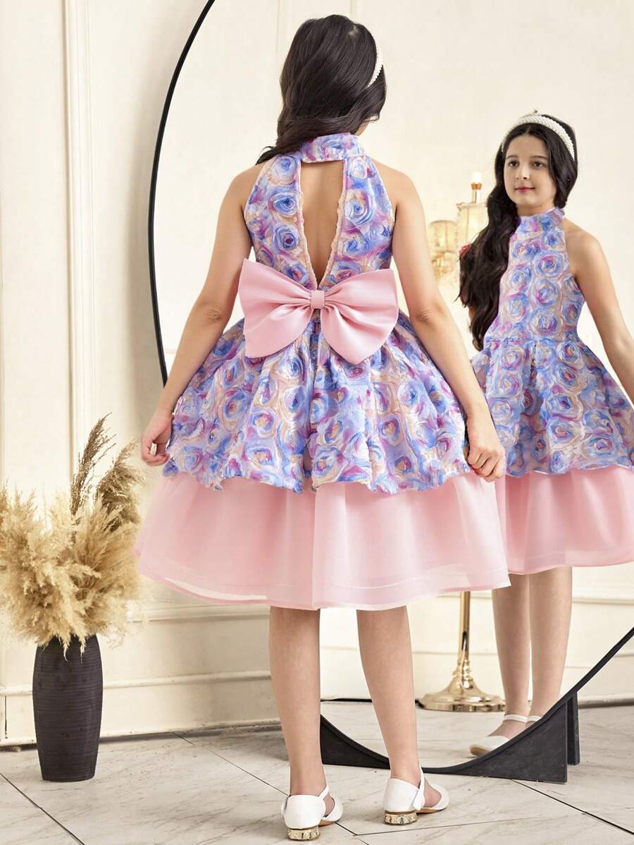 SHEIN Tween Girls' Embroidered Organza Splice Backless Bow Collar Elegant Dress