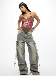 SUMWON WOMEN Vaqueros de carga con efecto desgastado, múltiples bolsillos con cremallera, estilo Y2K de pierna ancha con detalle de cordón, moda urbana para otoño e invierno - Caqui - Ver 8