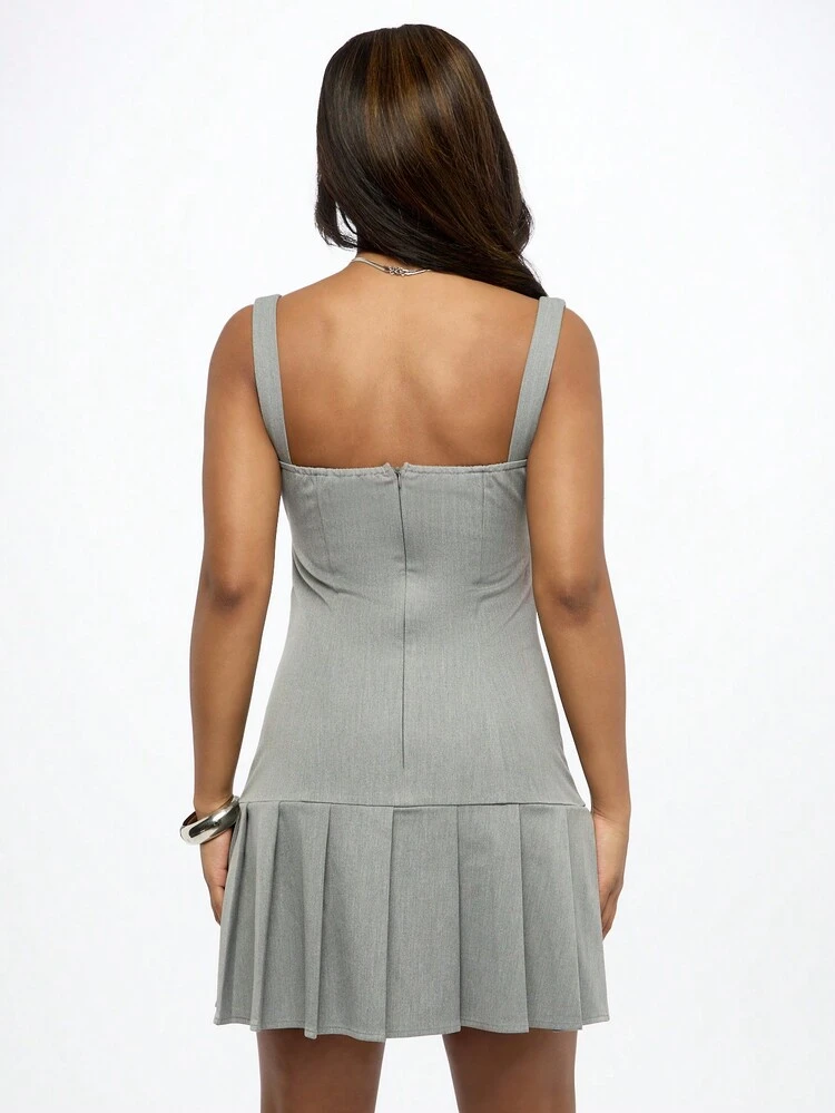 SUMWON Buckle Detail Pleated Mini Dress Designer Style High Fashion Square Neck Sleeveless Party Club Evening Urban Chic Spring Summer
