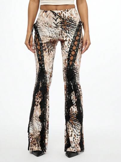 SUMWON WOMEN Lace-Up Flare Trousers Animal Print High-Rise Festival Party Club Statement Side Detail Dance Performance Concert Y2K Fashion Pants