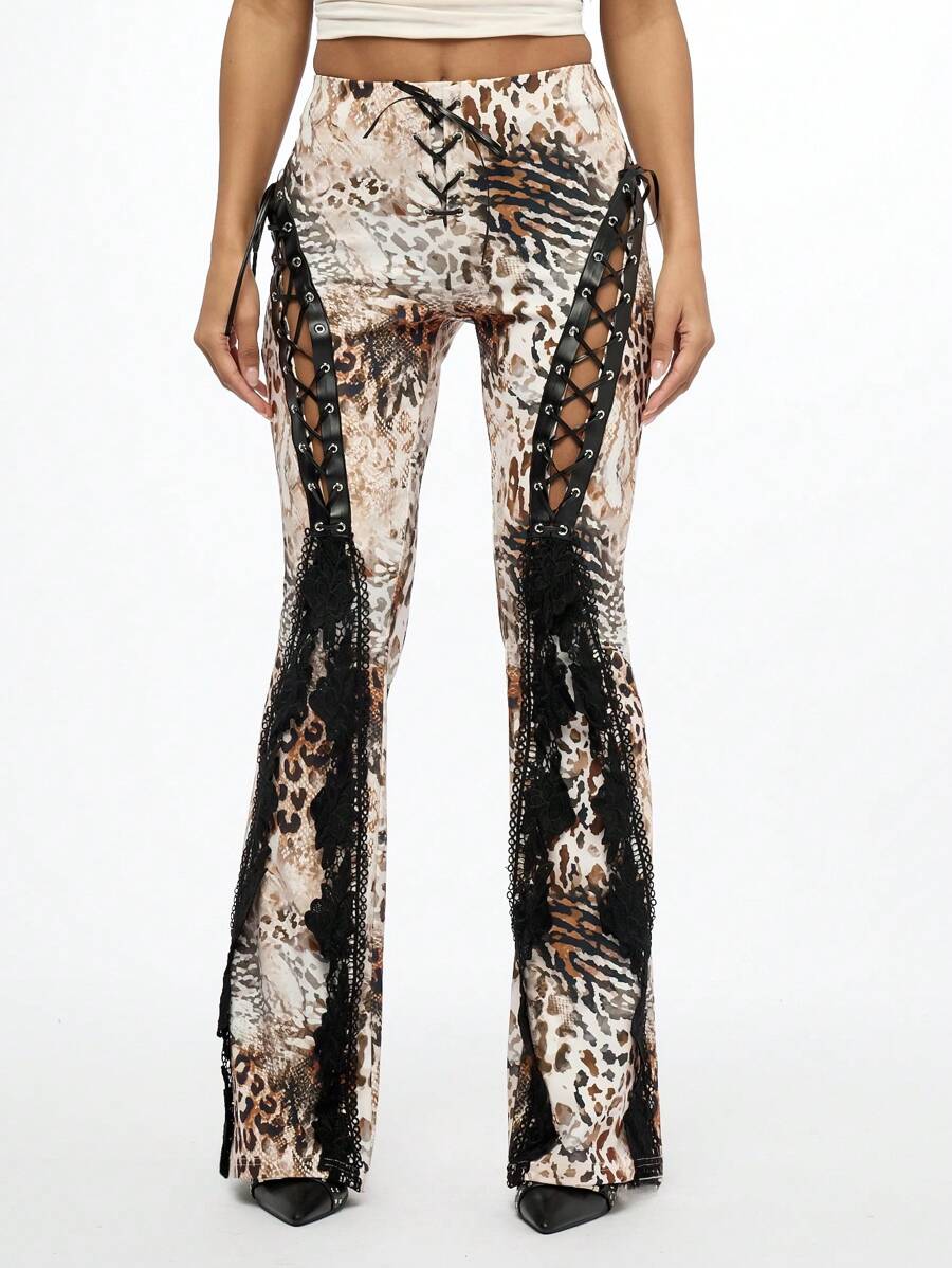 SUMWON WOMEN Lace-Up Flare Trousers Animal Print High-Rise Festival Party Club Statement Side Detail Dance Performance Concert Y2K Fashion Pants - Multicolor - View 1