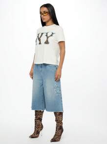 SUMWON WOMEN 纽约豹纹印花个性T恤都市街头风格休闲短袖圆领棉混纺夏季节日上衣街头时尚图案T恤 - 白色 - 查看 6