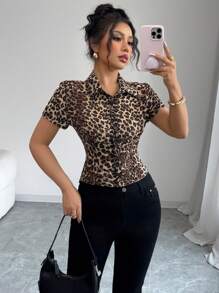 Elenzga 女士豹纹雪纺优雅短袖衬衫 - 棕色 - 查看 5