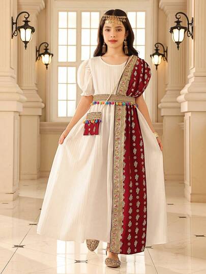 Tween Girl' Round Neck Short Sleeve Solid Color Patchwork Casual Dress