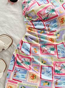 Soleia 女士彩色花卉拼布单肩褶皱迷你连衣裙，假日风格