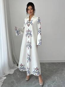 Yasmyna Women's Woven Print Loose Long Sleeve Arabic Long Dress,Modest - Apricot - View 5