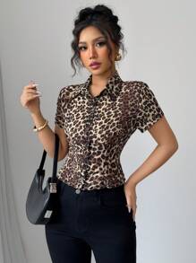 Elenzga 女士豹纹雪纺优雅短袖衬衫 - 棕色 - 查看 3