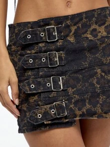 SUMWON WOMEN Edgy Buckle Mini Skirt Leopard Print Acid Wash Denim Grunge Fashion Festival Club Party Dance Wear Mini Skirt Alternative Fashion Side Buckles - Multicolor - View 3