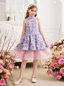 SHEIN Tween Girls' Embroidered Organza Splice Backless Bow Collar Elegant Dress