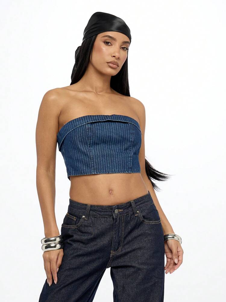 SUMWON WOMEN Gorset z jeansu w stylu retro Y2K w prążki bez ramiączek