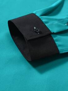 Manfinity Mode 男士纯色前扣长袖口袋休闲衬衫商务休闲男士衬衫男士正装衬衫，秋季 - 綠色 - 查看 8