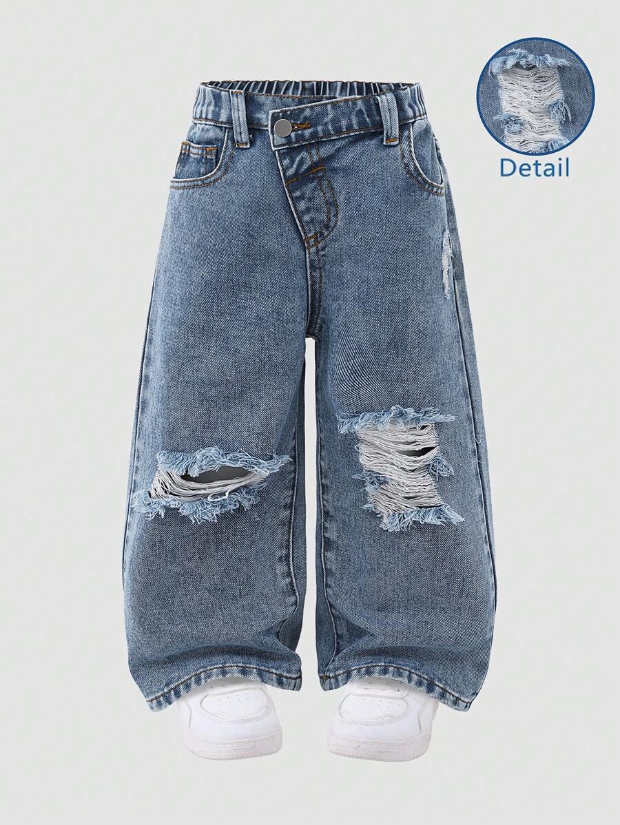 Jeans holgados y cómodos de cintura elástica asimétrica desgastados, con diseño versátil para uso diario, de estilo casual de moda urbana Y2K, de la nueva colección 2025, ideales para uso cotidiano,