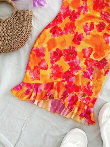 Soleia V 领女士节日迷你连衣裙，针织弹力薄纱面料，扎染花卉印花，不对称荷叶边饰边，颈部系带蝴蝶结细节，适合派对、情人节 - 彩色 - 查看 5