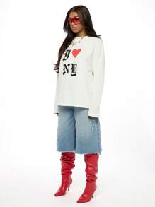 SUMWON WOMEN Denim Shorts mit Sternapplika, hoher Bund, ausgeblichen, roher Saum, Sommerfestival, Lässig, weites Bein, locker geschnitten, modischer Statement-Look, Y2K-Stil