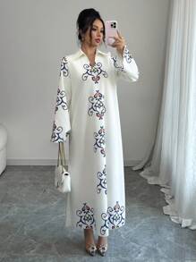 Yasmyna Women's Woven Print Loose Long Sleeve Arabic Long Dress,Modest - Apricot - View 1