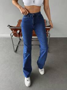 EURMUSE Solid Raw Hem Straight Leg Jeans - Medium Wash - View 5