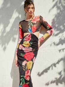Chiquease Váy xẻ tà phía trước, tay dài lưới mỏng in họa tiết hoa gợi cảm, phong cách kỳ nghỉ lãng mạn, thời trang thanh lịch, in toàn bộ - Nhiều màu - Xem 1