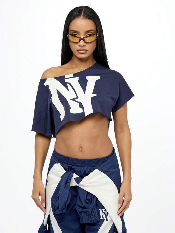SUMWON WOMEN Tricou scurt, lejer, cu logo NY, cu umeri goi, stil urban, sport, streetwear, antrenament, sport, sport de echipă