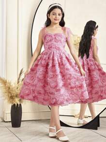 SHEIN 青少年女孩蝴蝶结装饰 3D 花卉优雅连衣裙 - 粉色 - 查看 2