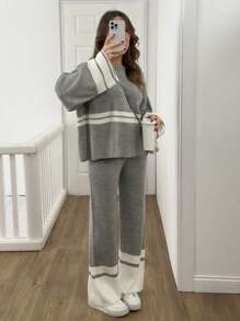 EURMUSE 女士条纹毛衣和毛衣裤两件套毛衣套装 - 灰色 - 查看 1