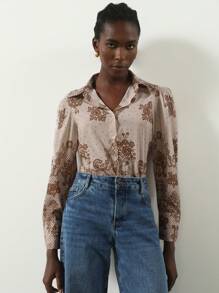 SHEIN Privé Vintage Elegant Romantic Chiffon Mixed Floral Loose Fit Lightweight Button-Down Long Sleeve Blouse For Women Fall Cloth For Women - Multicolor - View 3