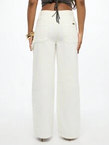 SUMWON WOMEN Designer weite Bein Jeans mit Nieten, Zimmermanns-Stil, Taillenhoch, Y2K Mode Statement Hose mit Metallnieten Details, Lässig Streetwear - Weiss - Übersicht 2
