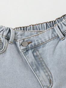 2025 Spring/Summer Girls Casual Ripped Hem Asymmetrical Waist Drawstring Wide Loose Comfortable Denim Shorts, Fashionable Street Style For Daily Wear - Medium Wash - View 3