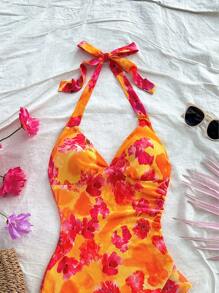 Soleia V 领女士节日迷你连衣裙，针织弹力薄纱面料，扎染花卉印花，不对称荷叶边饰边，颈部系带蝴蝶结细节，适合派对、情人节 - 彩色 - 查看 4